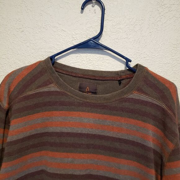 Prana Logo Breathe Cotton Hiking Outdoorsy Pullover Crewneck Brown Striped Med - Picture 3 of 9